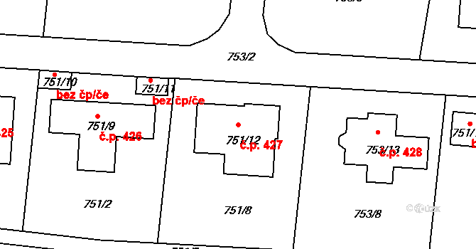 Srubec 427 na parcele st. 751/12 v KÚ Srubec, Katastrální mapa