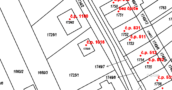 Štramberk 1016 na parcele st. 1725/3 v KÚ Štramberk, Katastrální mapa