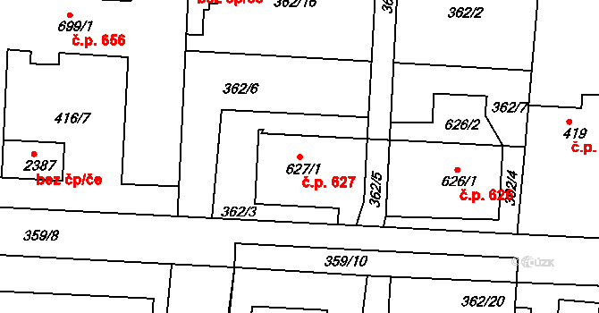 Neratovice 627 na parcele st. 627/1 v KÚ Neratovice, Katastrální mapa