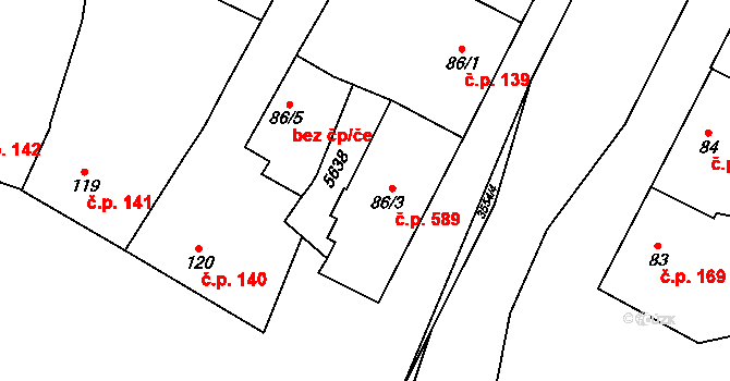 Lysice 589 na parcele st. 86/3 v KÚ Lysice, Katastrální mapa