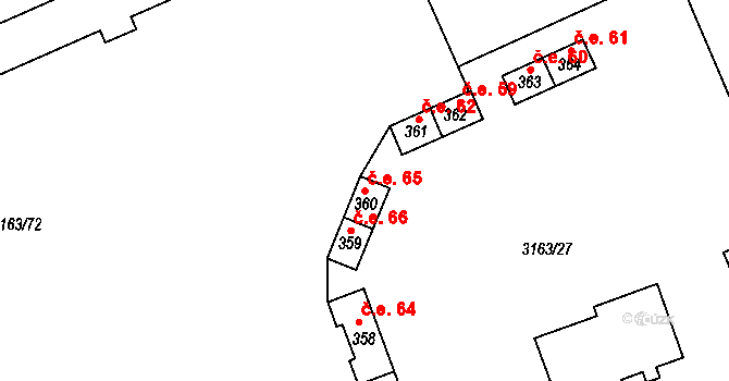 Pasohlávky 65 na parcele st. 360 v KÚ Mušov, Katastrální mapa