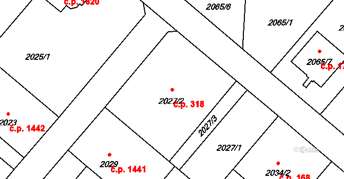 Petřvald 318 na parcele st. 2027/2 v KÚ Petřvald u Karviné, Katastrální mapa