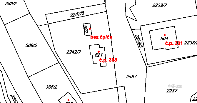 Hnátnice 308 na parcele st. 621 v KÚ Hnátnice, Katastrální mapa