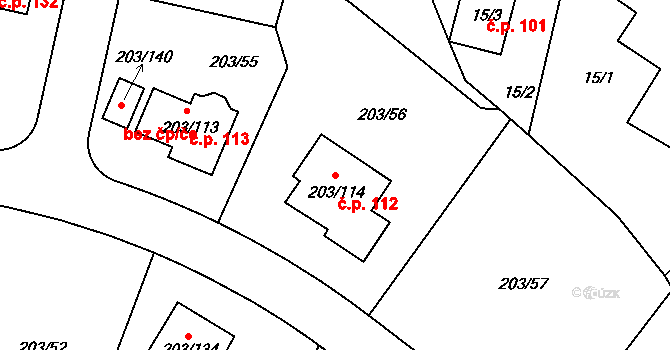 Hory 112 na parcele st. 203/114 v KÚ Hory u Jenišova, Katastrální mapa