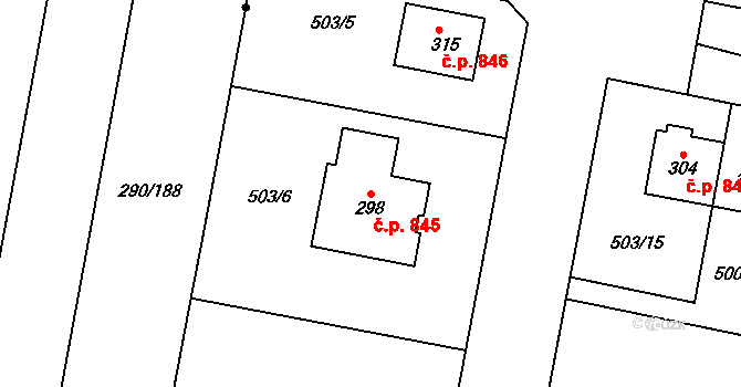 Loučany 845 na parcele st. 298 v KÚ Loučany na Hané, Katastrální mapa