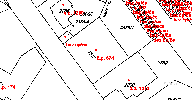 Předměstí 674, Litoměřice na parcele st. 2887 v KÚ Litoměřice, Katastrální mapa