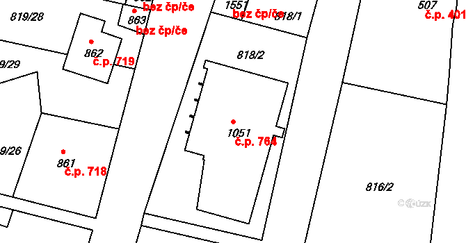 Luhačovice 764 na parcele st. 1051 v KÚ Luhačovice, Katastrální mapa