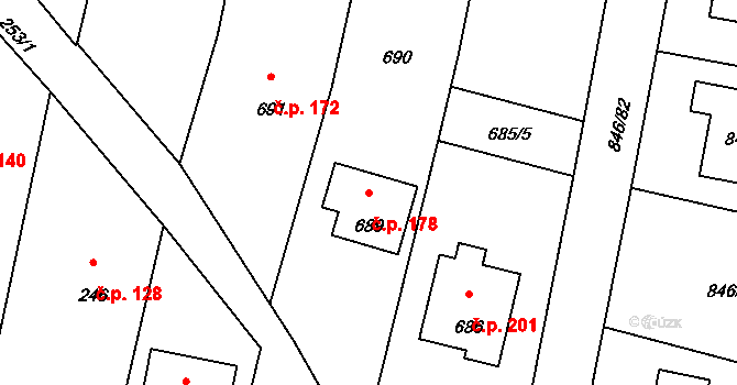 Veselá 178 na parcele st. 689 v KÚ Veselá u Zlína, Katastrální mapa