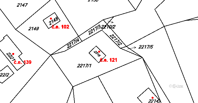 Buchlovice 121 na parcele st. 2216 v KÚ Buchlovice, Katastrální mapa