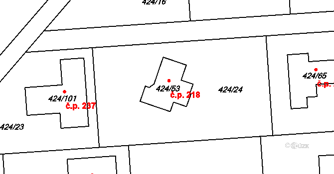 Hudcov 218, Teplice na parcele st. 424/53 v KÚ Hudcov, Katastrální mapa