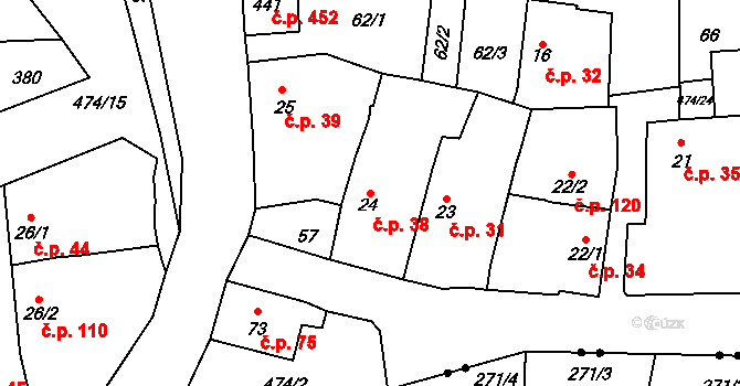 Rudná 38 na parcele st. 24 v KÚ Dušníky u Rudné, Katastrální mapa