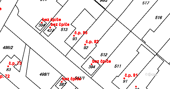 Hrádek 82 na parcele st. 92 v KÚ Hrádek u Rokycan, Katastrální mapa