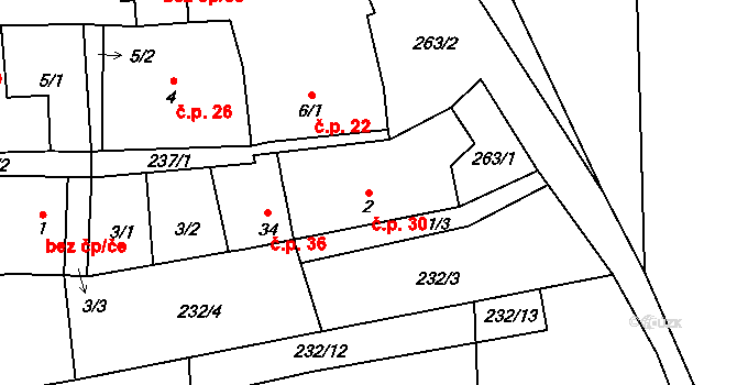 Popovice 30, Všeruby na parcele st. 2 v KÚ Popovice u Chrančovic, Katastrální mapa