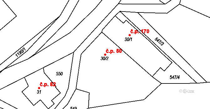 Ludvíkovice 50 na parcele st. 30/2 v KÚ Ludvíkovice, Katastrální mapa