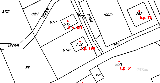 Ledce 186 na parcele st. 314 v KÚ Ledce u Kladna, Katastrální mapa
