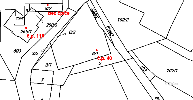 Krasoňov 40, Humpolec na parcele st. 6/1 v KÚ Krasoňov, Katastrální mapa