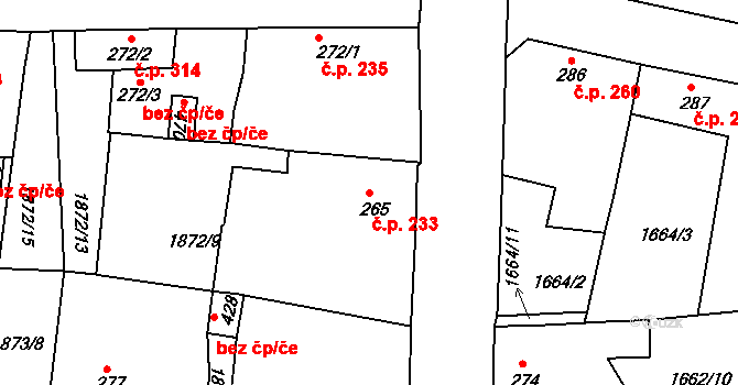 Merklín 233 na parcele st. 265 v KÚ Merklín u Přeštic, Katastrální mapa