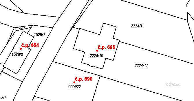 Želechovice nad Dřevnicí 685 na parcele st. 2224/19 v KÚ Želechovice nad Dřevnicí, Katastrální mapa