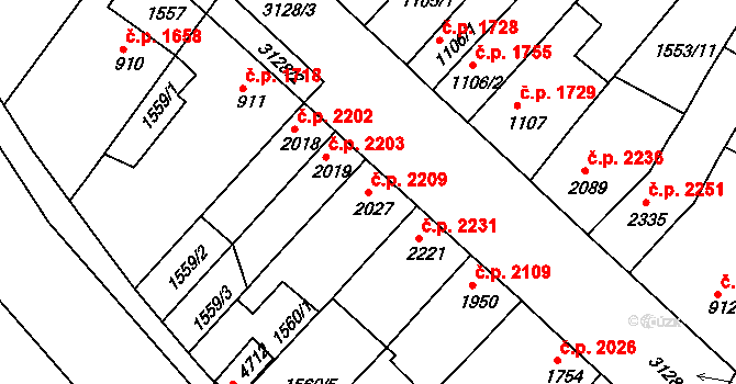 Kroměříž 2209 na parcele st. 2027 v KÚ Kroměříž, Katastrální mapa