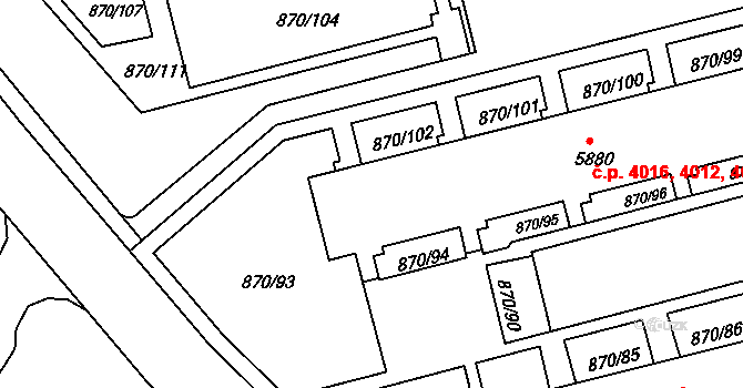 Kroměříž 4012,4013,4014,4015, na parcele st. 5880 v KÚ Kroměříž, Katastrální mapa