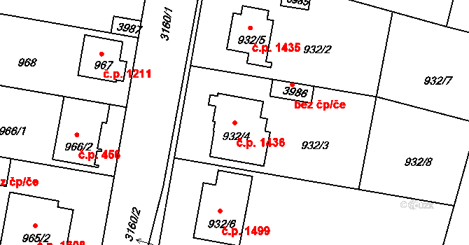 Čelákovice 1436 na parcele st. 932/4 v KÚ Čelákovice, Katastrální mapa