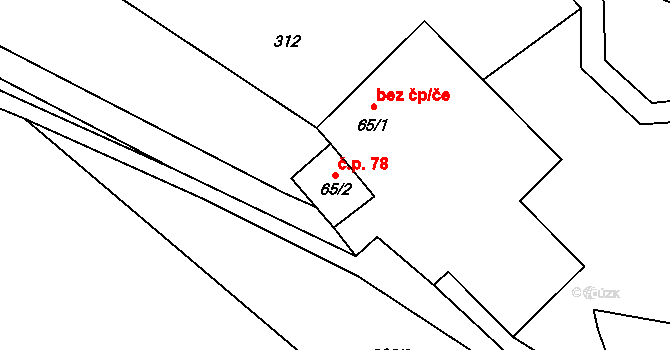 Hybrálec 78 na parcele st. 65/2 v KÚ Hybrálec, Katastrální mapa