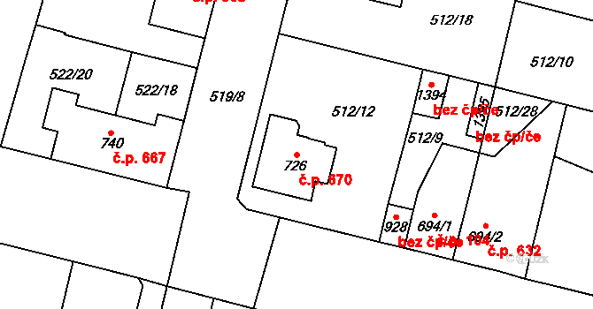 Libochovice 670 na parcele st. 726 v KÚ Libochovice, Katastrální mapa