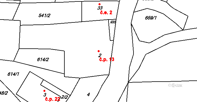 Březno 13, Velemín na parcele st. 2 v KÚ Březno, Katastrální mapa