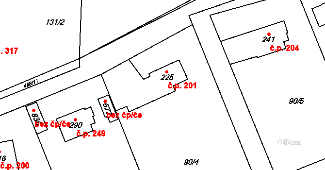 Senohraby 201 na parcele st. 225/1 v KÚ Senohraby, Katastrální mapa