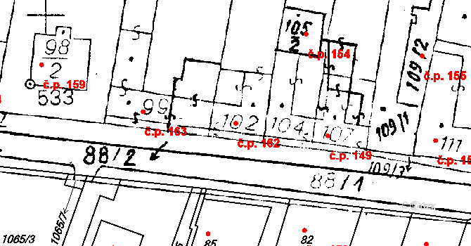 Chvalovice 162 na parcele st. 102 v KÚ Chvalovice, Katastrální mapa