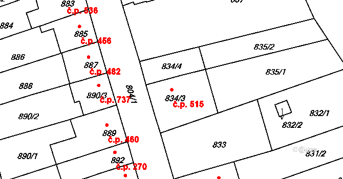 Jundrov 515, Brno na parcele st. 834/3 v KÚ Jundrov, Katastrální mapa