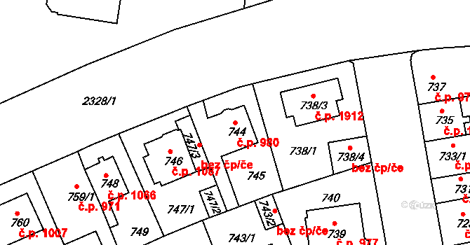 Trnovany 980, Teplice na parcele st. 744 v KÚ Teplice-Trnovany, Katastrální mapa