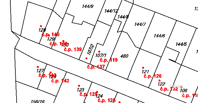 Chudonice 119, Nový Bydžov na parcele st. 107/1 v KÚ Chudonice, Katastrální mapa