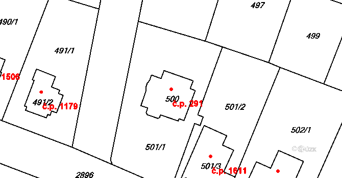 Braník 291, Praha na parcele st. 500 v KÚ Braník, Katastrální mapa