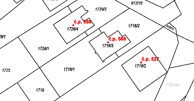 Blučina 588 na parcele st. 1718/3 v KÚ Blučina, Katastrální mapa