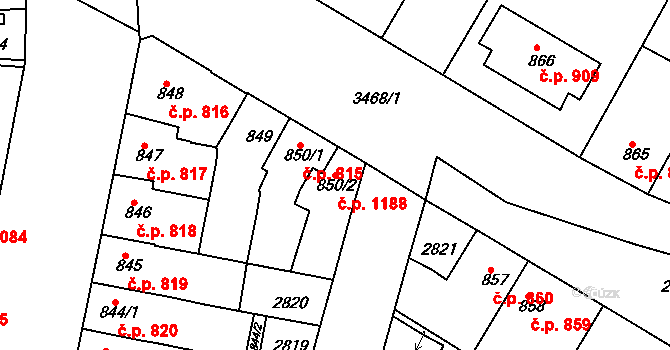 Rosice 1188 na parcele st. 850/2 v KÚ Rosice u Brna, Katastrální mapa