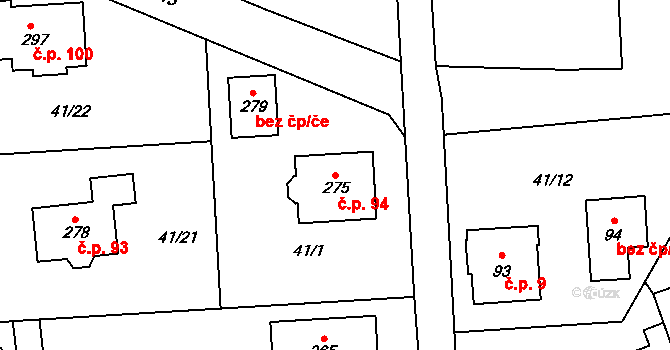 Běleč nad Orlicí 94 na parcele st. 275 v KÚ Běleč nad Orlicí, Katastrální mapa