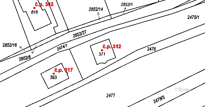 Ledce 312 na parcele st. 571 v KÚ Ledce u Plzně, Katastrální mapa