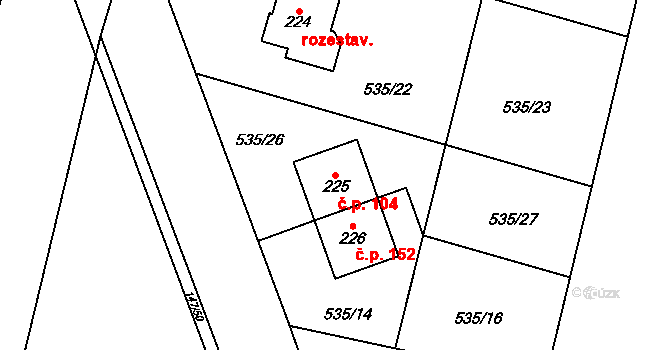 Charvatce 104 na parcele st. 225 v KÚ Charvatce u Jabkenic, Katastrální mapa