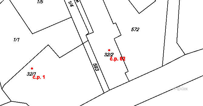 Studeňany 62, Radim na parcele st. 32/2 v KÚ Studeňany, Katastrální mapa