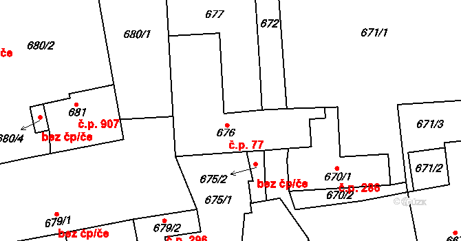 Nýřany 77 na parcele st. 676 v KÚ Nýřany, Katastrální mapa