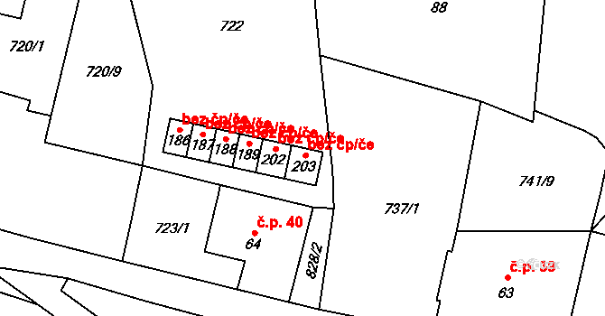 Bezdědovice 49557653 na parcele st. 203 v KÚ Bezdědovice, Katastrální mapa