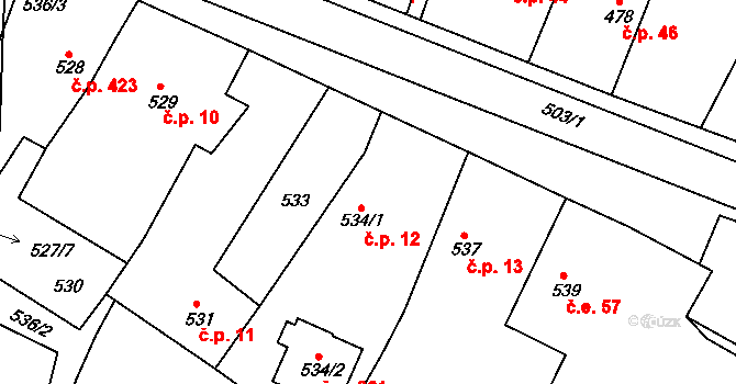 Dýšina 12 na parcele st. 534/1 v KÚ Dýšina, Katastrální mapa