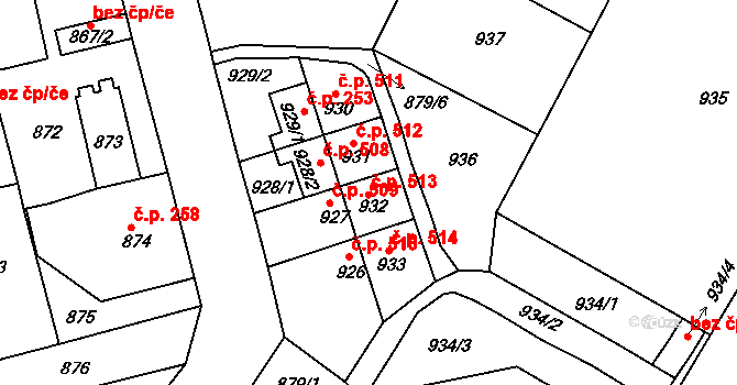 Třemošná 513 na parcele st. 932 v KÚ Třemošná, Katastrální mapa