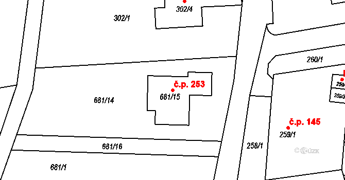 Větrný Jeníkov 253 na parcele st. 681/15 v KÚ Větrný Jeníkov, Katastrální mapa