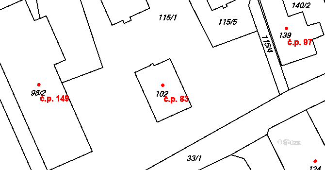 Jerlochovice 83, Fulnek na parcele st. 102 v KÚ Jerlochovice, Katastrální mapa
