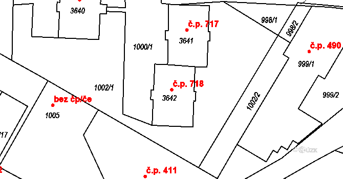 Kamenice nad Lipou 718 na parcele st. 3642 v KÚ Kamenice nad Lipou, Katastrální mapa
