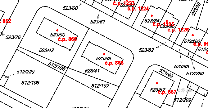 Srubec 866 na parcele st. 523/89 v KÚ Srubec, Katastrální mapa