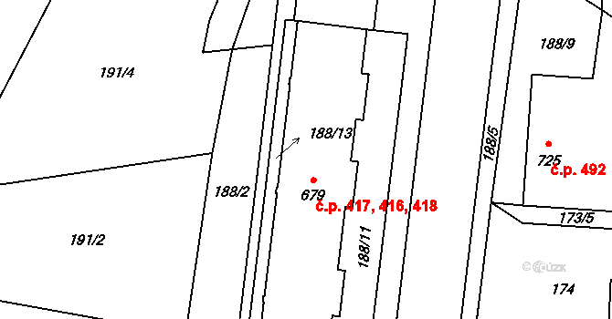 Častolovice 416,417,418 na parcele st. 679 v KÚ Častolovice, Katastrální mapa