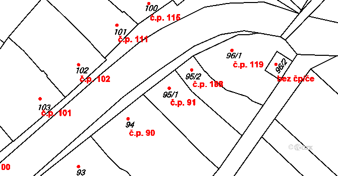 Roštění 91 na parcele st. 95/1 v KÚ Roštění, Katastrální mapa